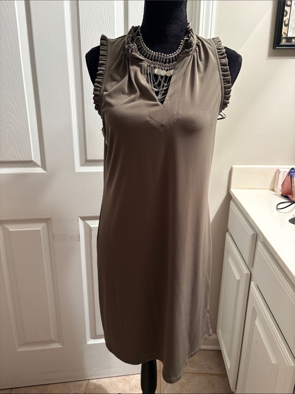 Michael Kors Sleeveless Ruffle Trim Shift Dress in Olive